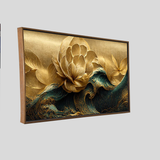 Premium Modern Golden Flower and Waves Canvas Wall Painting for Wall Decors