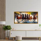 Premium Seven Running Horses on River Canvas Wall Décor Painting With Floating Framed for Wall Decors