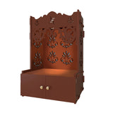 Floral Designer Pattern Floor Temple with Spacious Wooden Shelf & Inbuilt Focus Light- Brown Finish