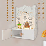 Shubh Labh Symbol of Hindu Religious White Wooden Wall Temple for Home With Inbuilt focus Lights & Spacious Shelf