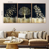 Golden Tree Birds Framed Crystal Glass Painting Set Of 3