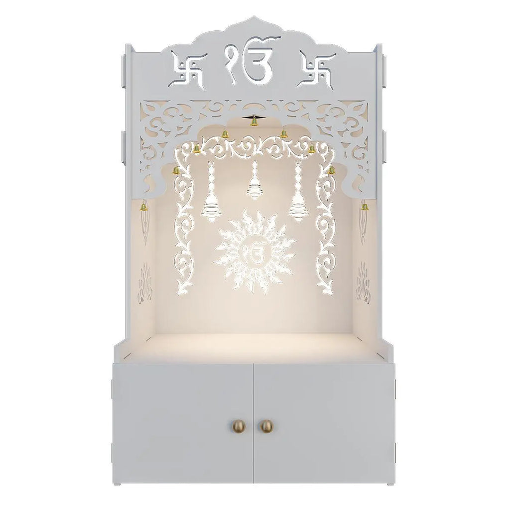 Ek-onkar Home Temple with Inbuilt Focus Light & Spacious Wooden Shelf- White