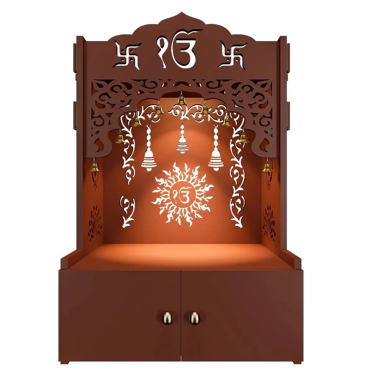 Ek-onkar Wall Temple with Inbuilt Focus Light & Spacious Wooden Shelf- Brown