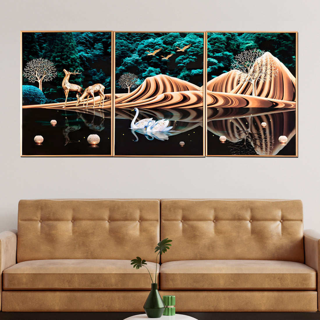 Nature Scenery Framed Crystal Glass Painting Set Of 3