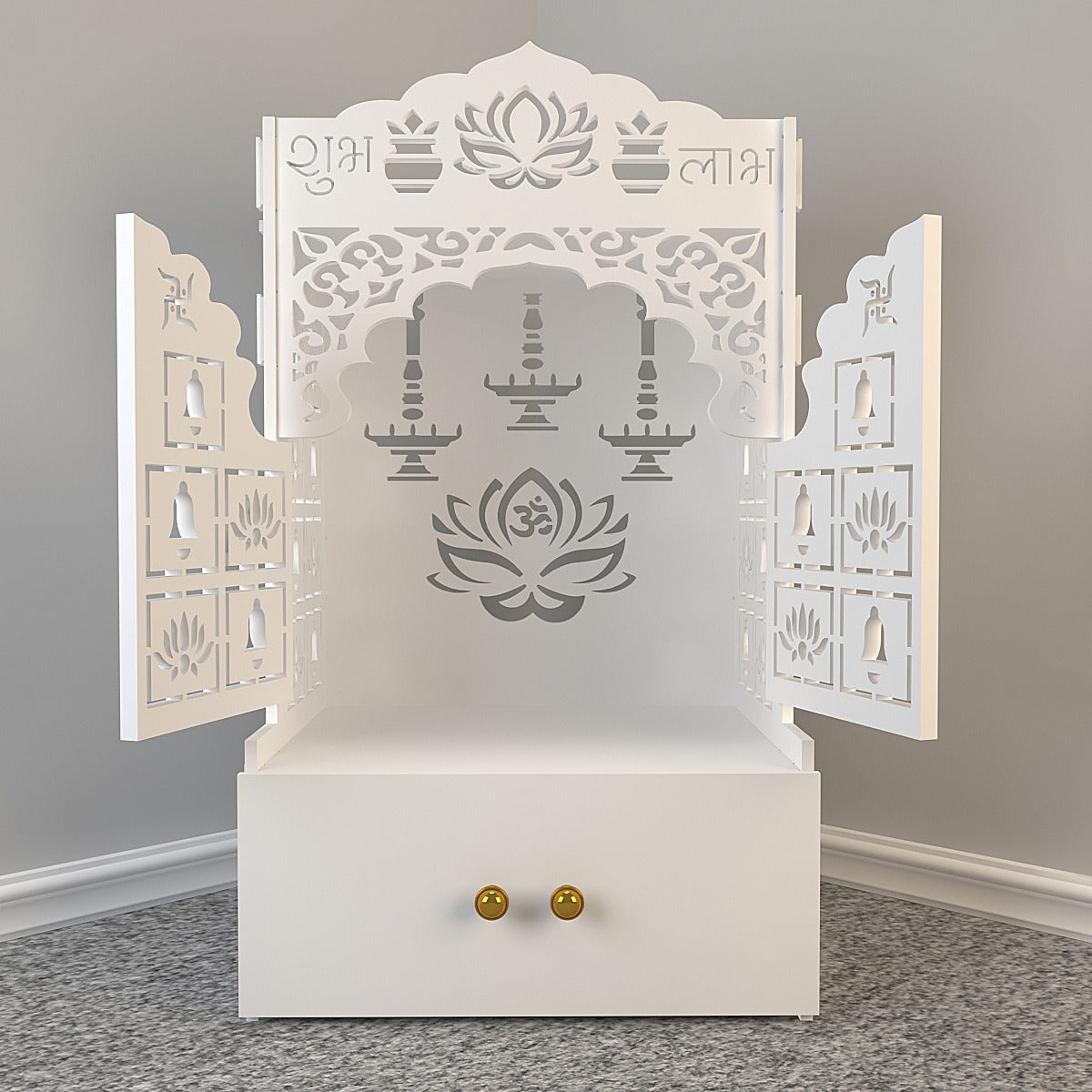 Lotus Wooden Floor Door Temple for Home With Inbuilt focus Lights & Spacious Shelf