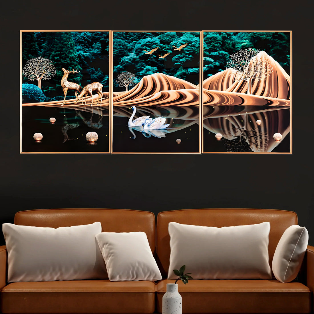 Nature Scenery Framed Crystal Glass Painting Set Of 3