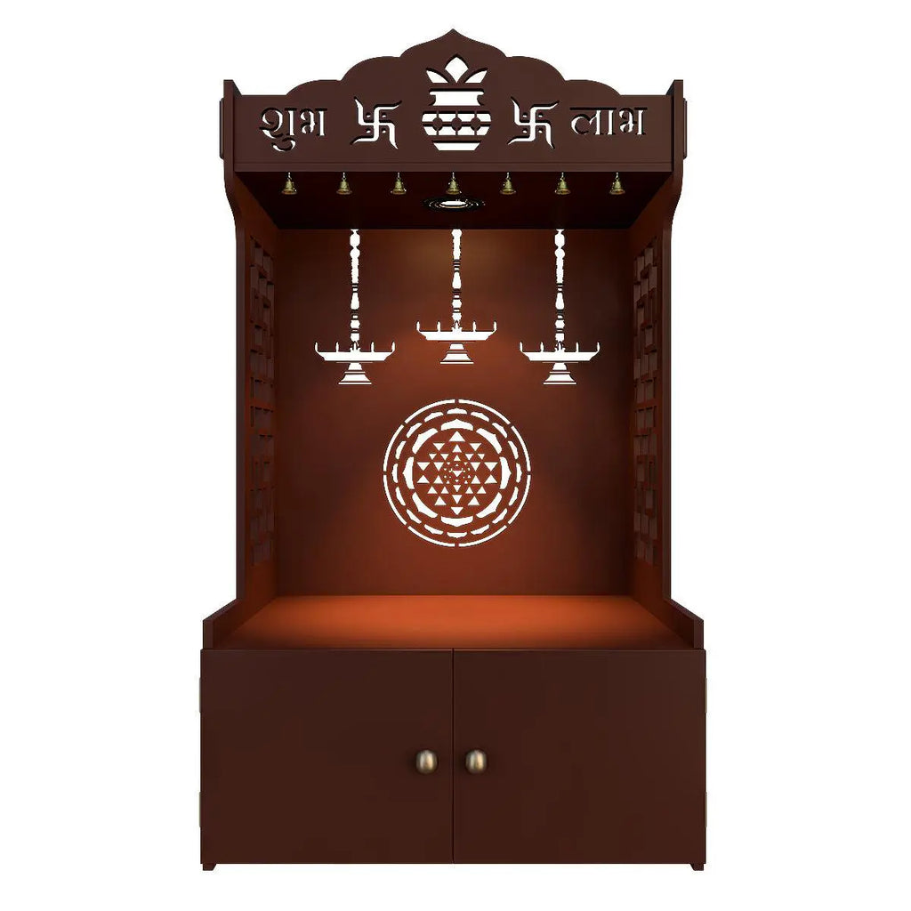 Timeless Wooden Mandir for Home with Spacious Shelf & Inbuilt Focus Light- Brown
