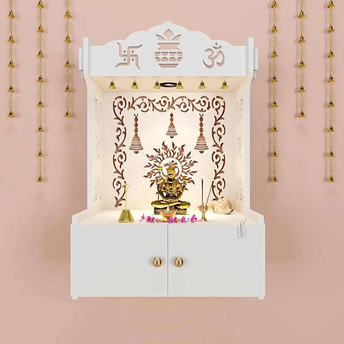 Premium Wall Temple with Inbuilt Focus Light & Spacious Wooden Shelf- White