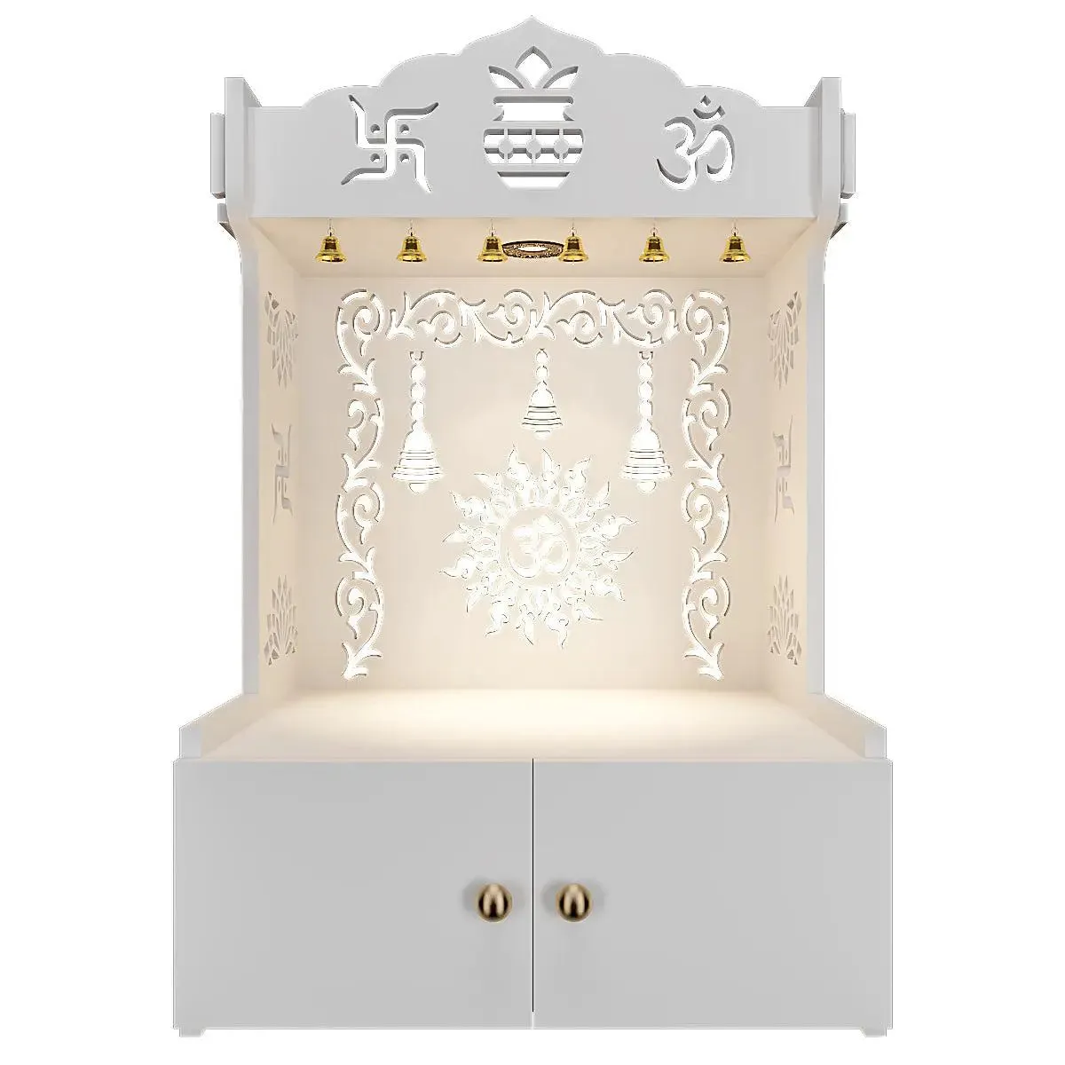 Premium Wall Temple with Inbuilt Focus Light & Spacious Wooden Shelf- White
