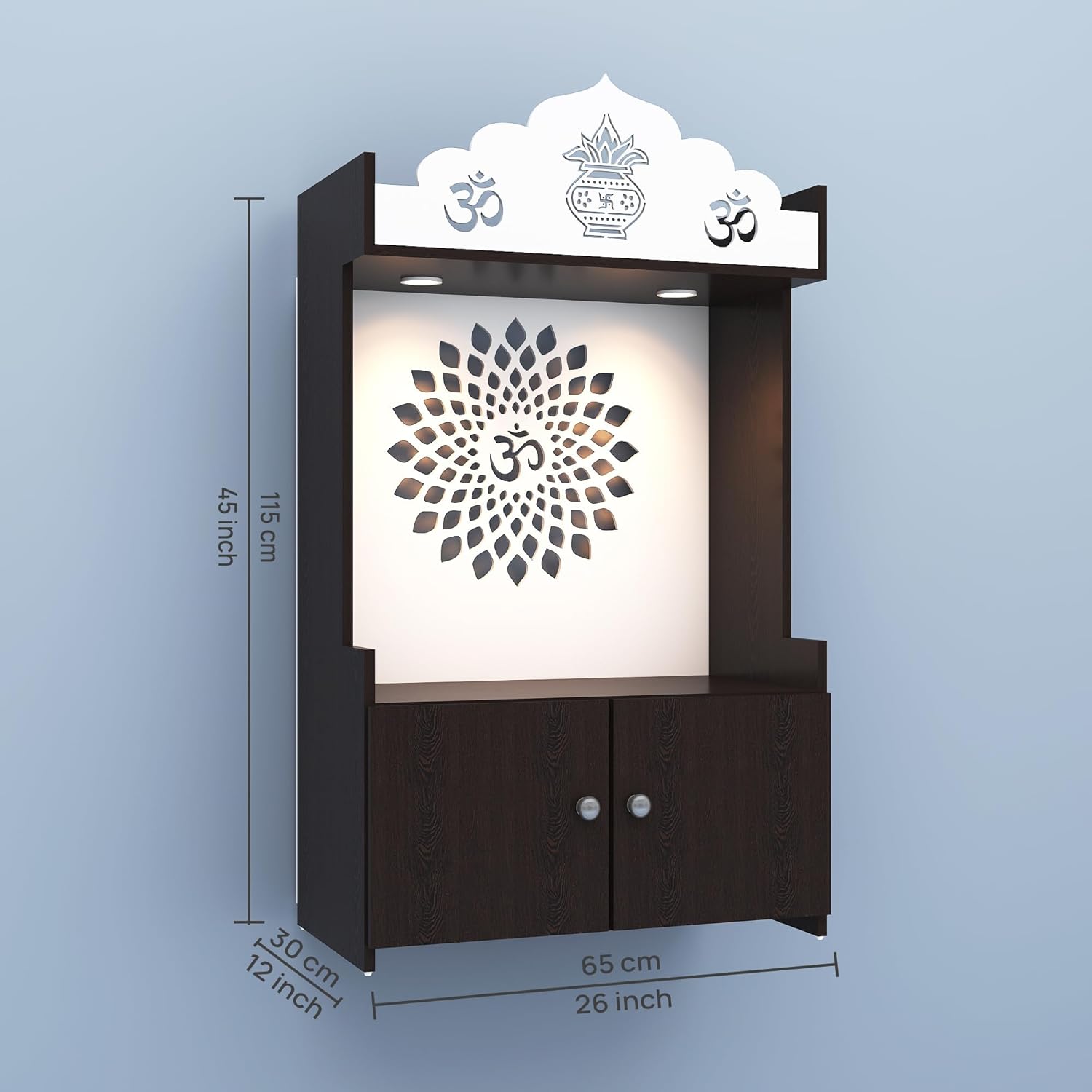 Divine LED Light Puja Shelf OM Temple Stand Home Mandir Puja Mandir for Home, Office - Brown