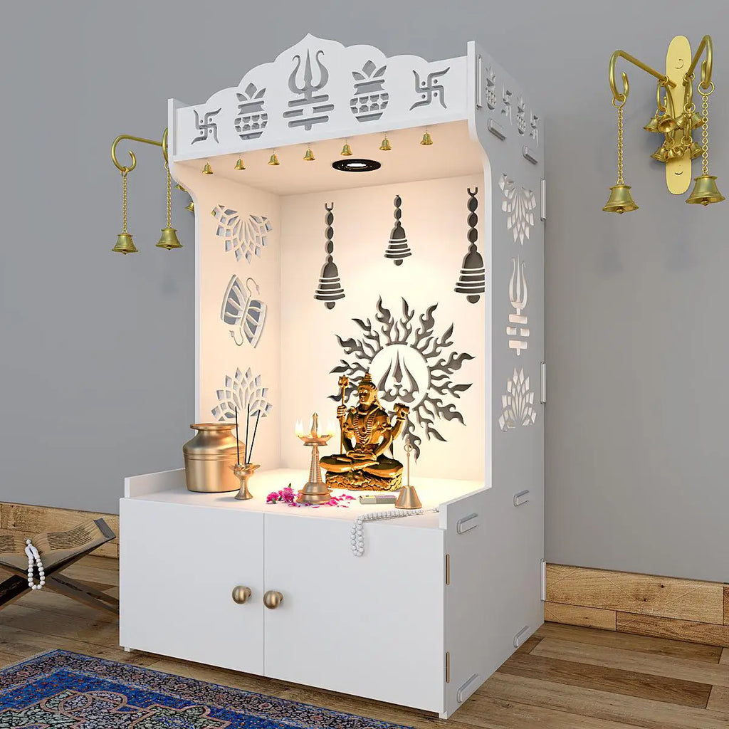 Surya Chakra MDF Wood Temple with Spacious Shelf & Inbuilt Focus Light- White
