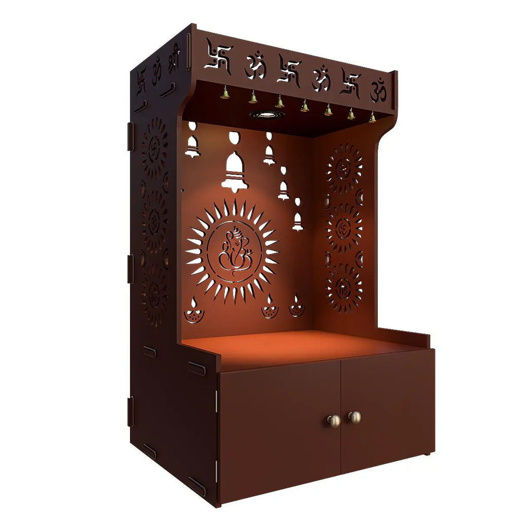 Divine Wooden Brown Home Temple With Spacious Shelf & Inbuilt Focus Light