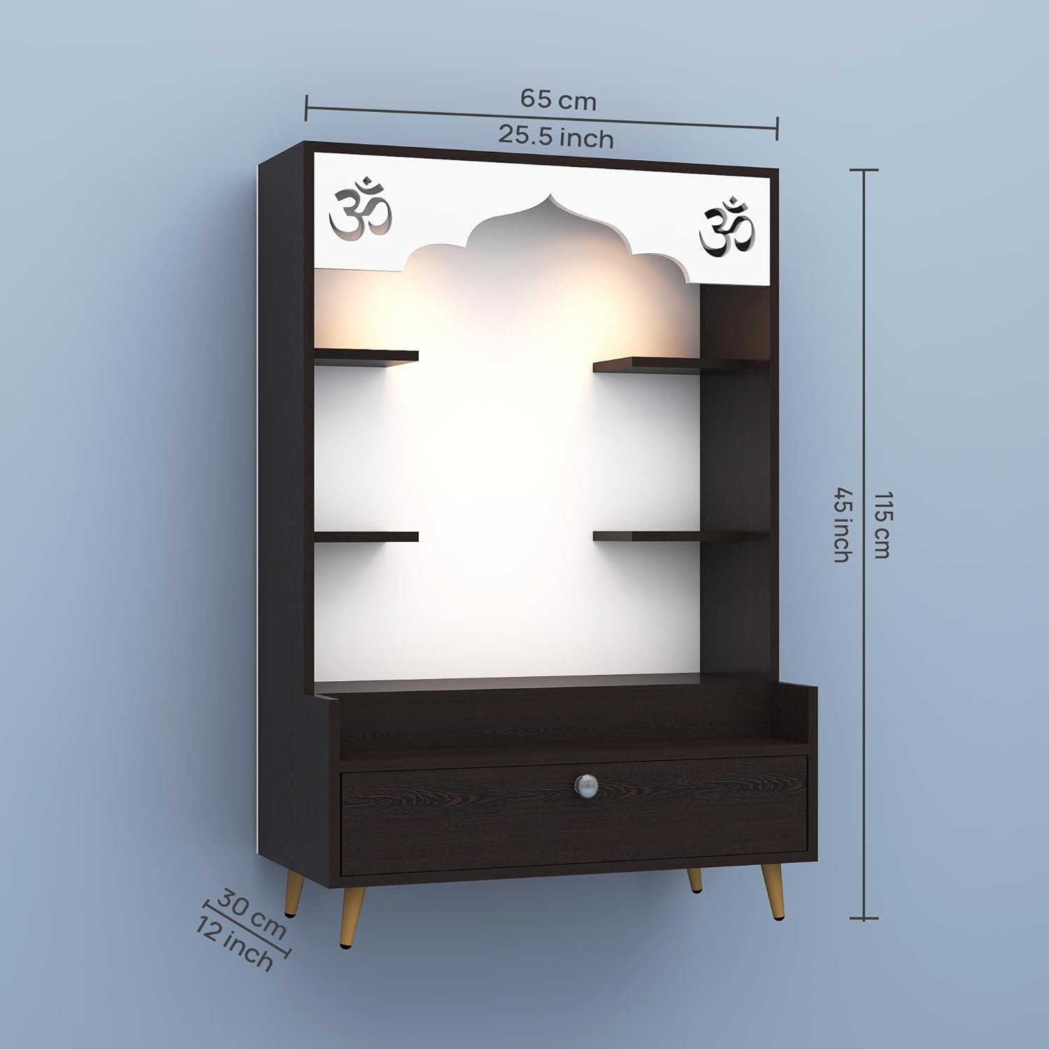 Engineered Wood Divine Home / Puja Temple Design with LED Lights, Home Mandir, OM, Puja Shelf for Home/Office - Brown