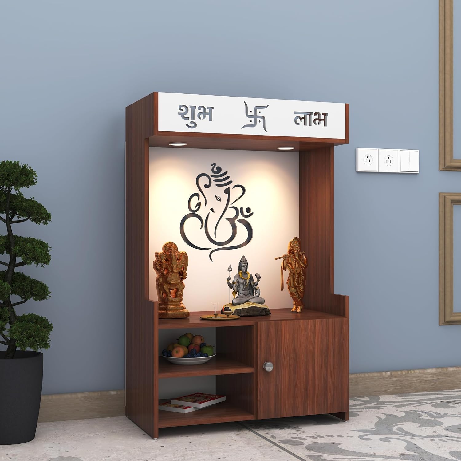 Divine LED Light Puja Shelf Ganesha Temple Stand Home Mandir Puja Mandir for Home, Office - Brown