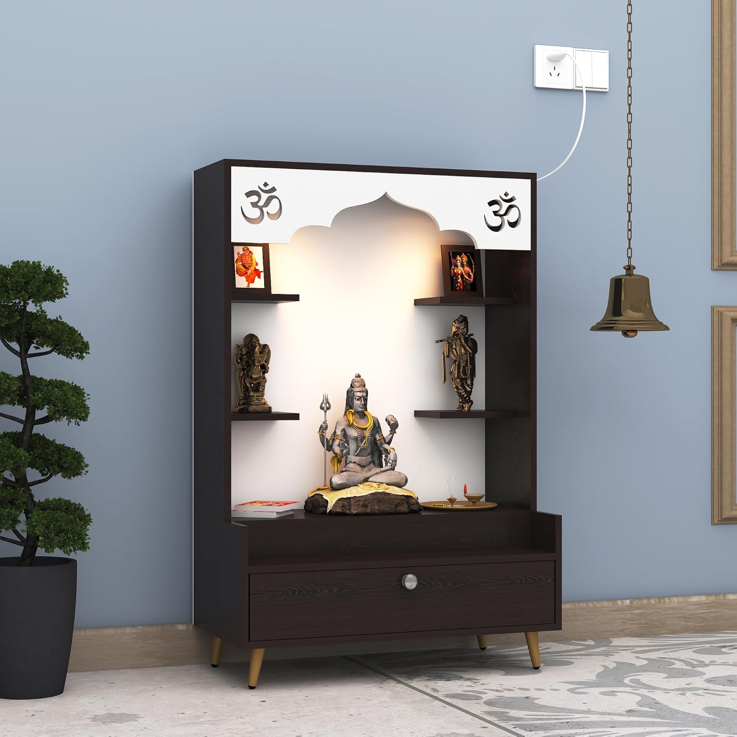 Engineered Wood Divine Puja Mandir Design with LED Lights, Home Mandir, OM, Puja Shelf for Home/Office - Brown