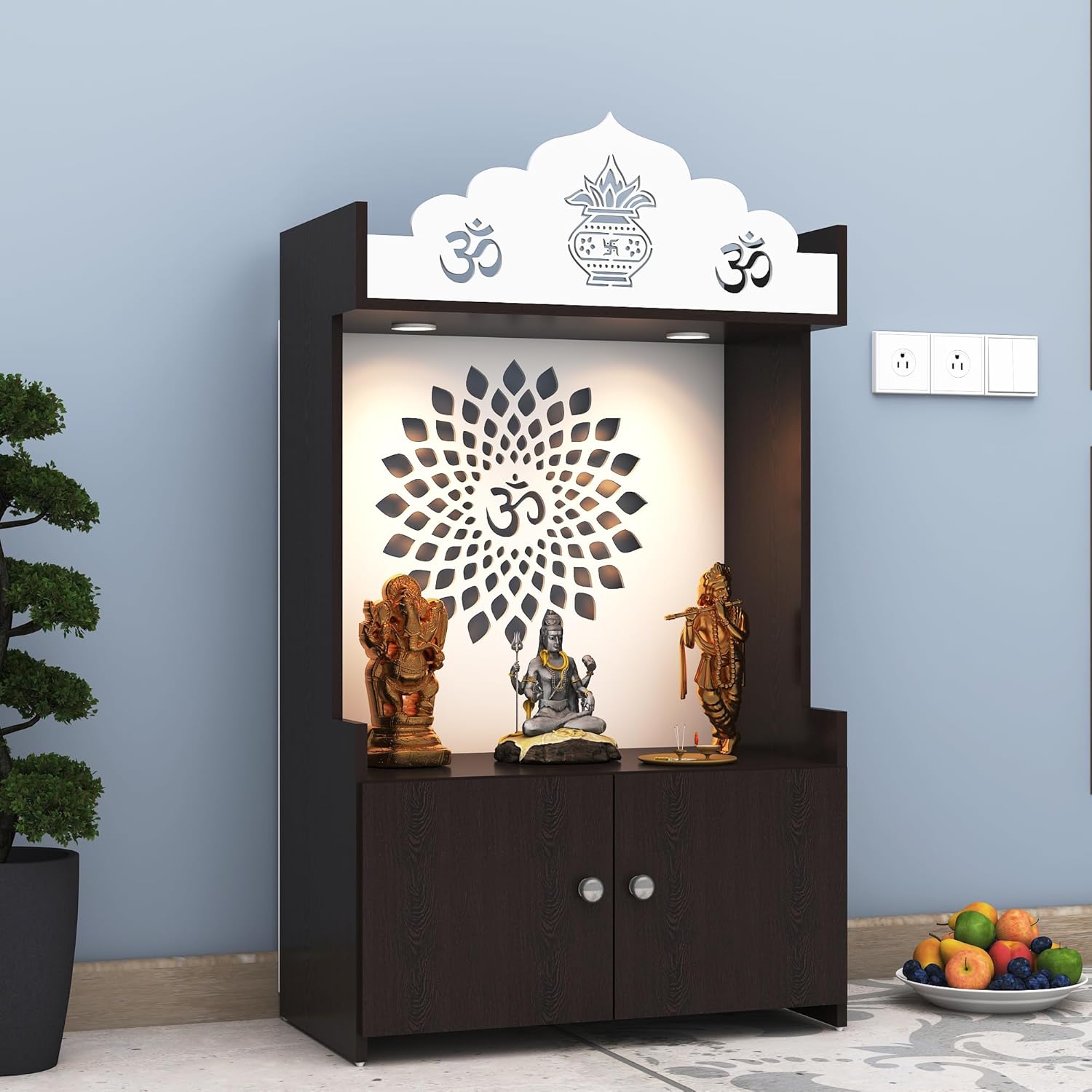 Divine LED Light Puja Shelf OM Temple Stand Home Mandir Puja Mandir for Home, Office - Brown