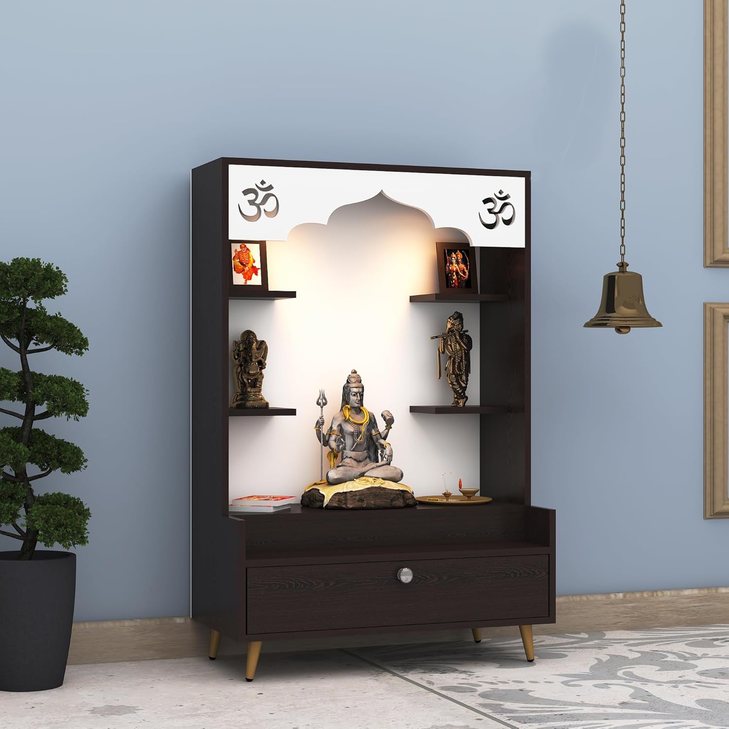 Engineered Wood Divine Home / Puja Temple Design with LED Lights, Home Mandir, OM, Puja Shelf for Home/Office - Brown