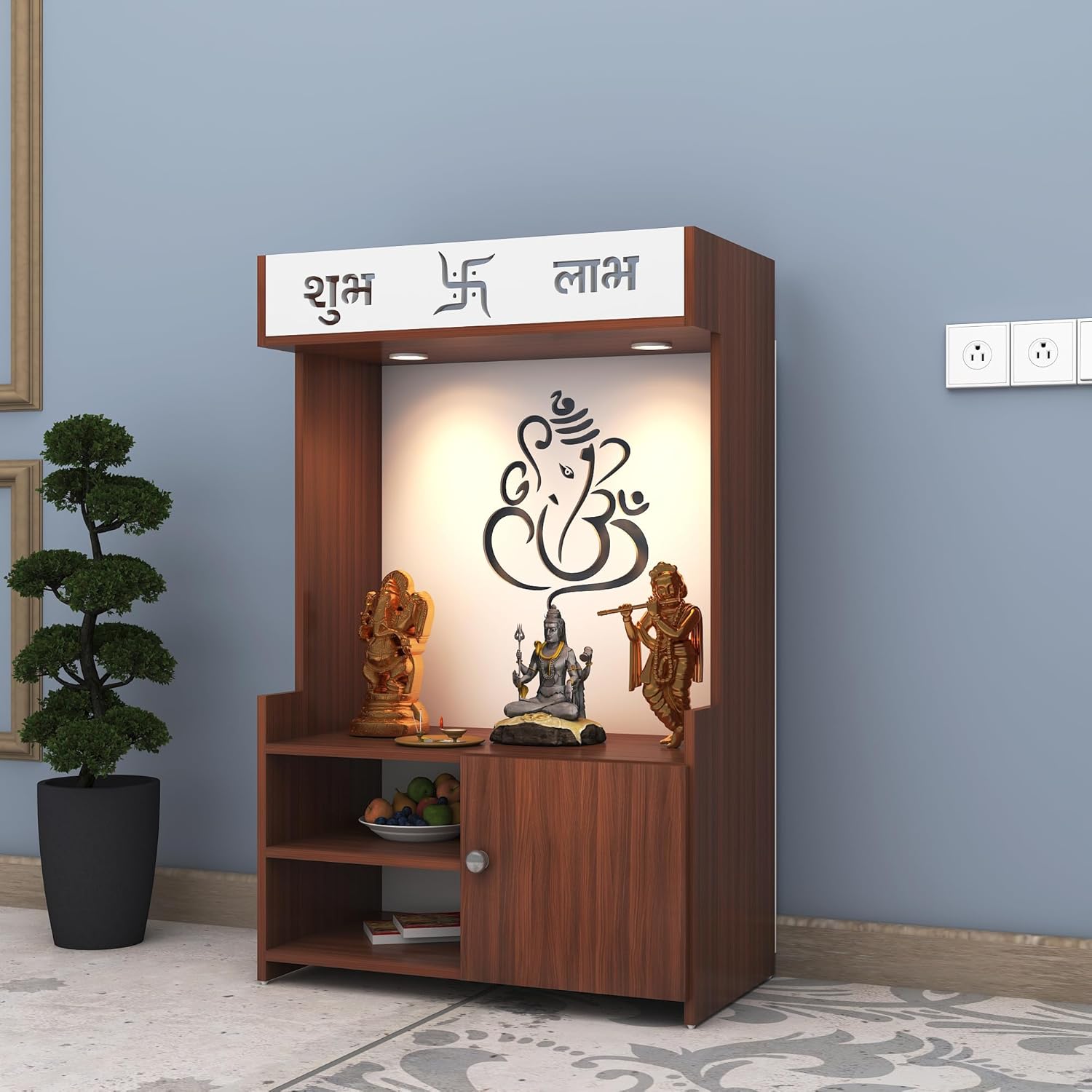 Divine LED Light Puja Shelf Ganesha Temple Stand Home Mandir Puja Mandir for Home, Office - Brown
