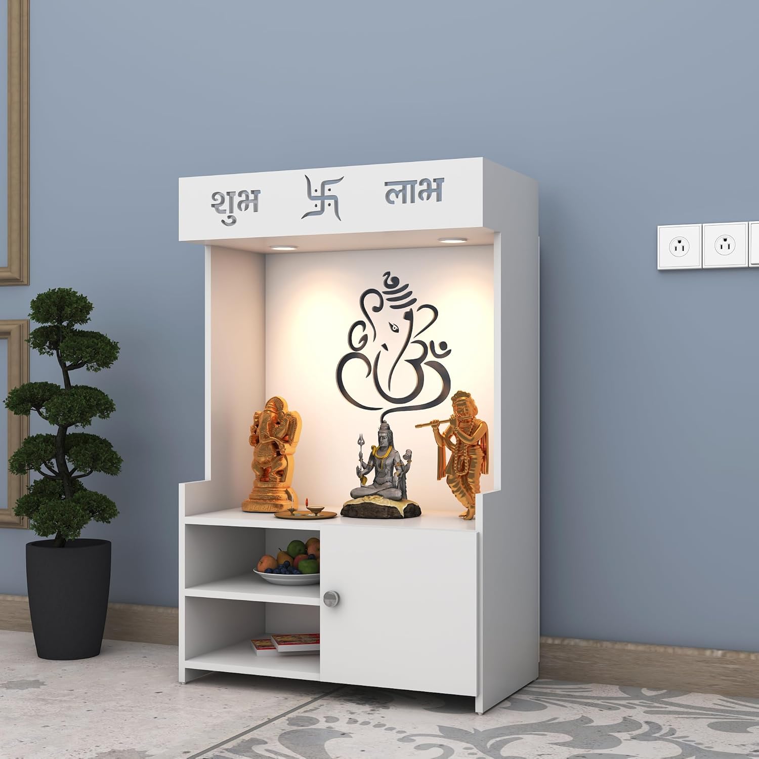 Divine LED Light Puja Shelf Ganesha Temple Stand Home Mandir Puja Mandir for Home, Office - White