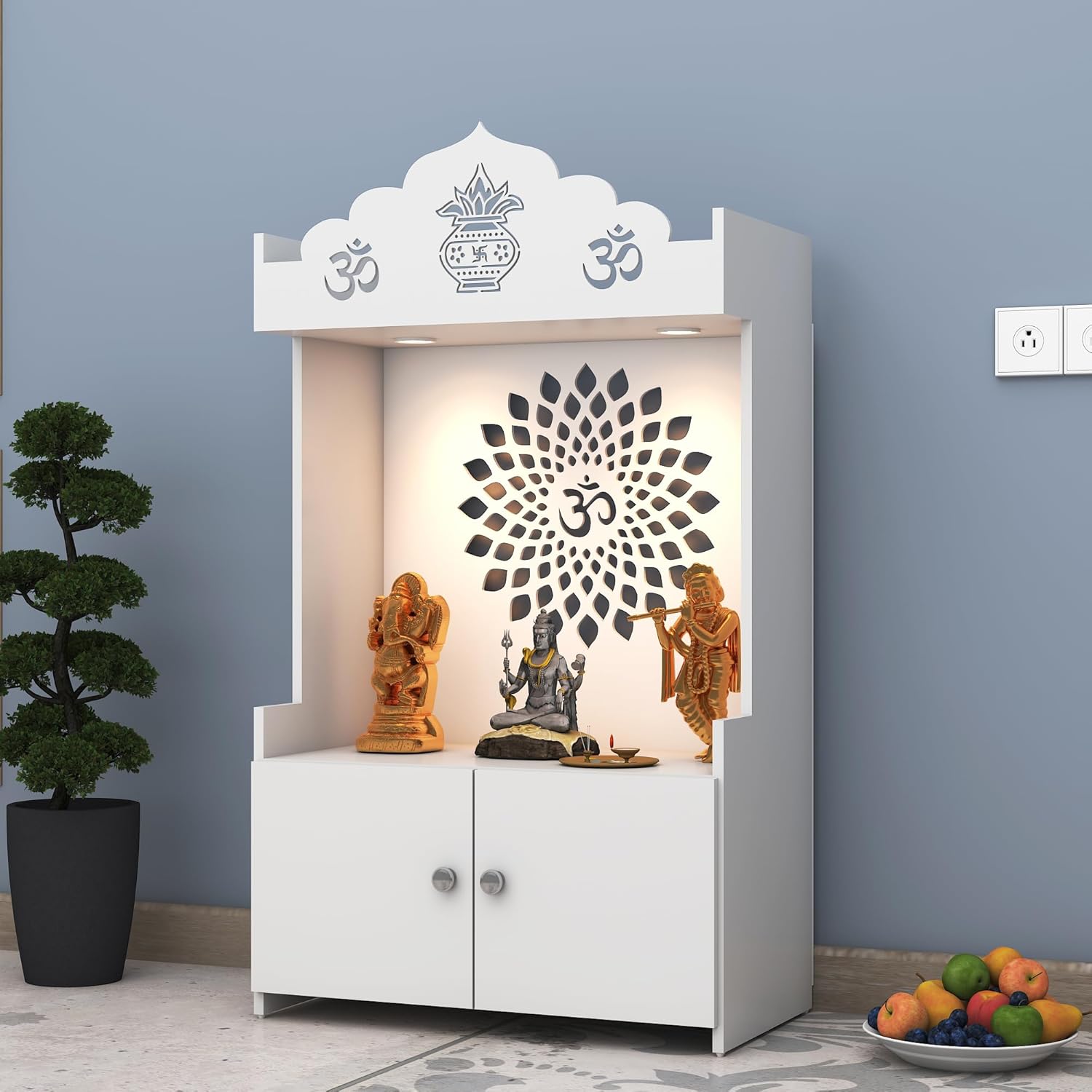 Divine LED Light Puja Shelf OM Temple Stand Home Mandir Puja Mandir for Home, Office - White