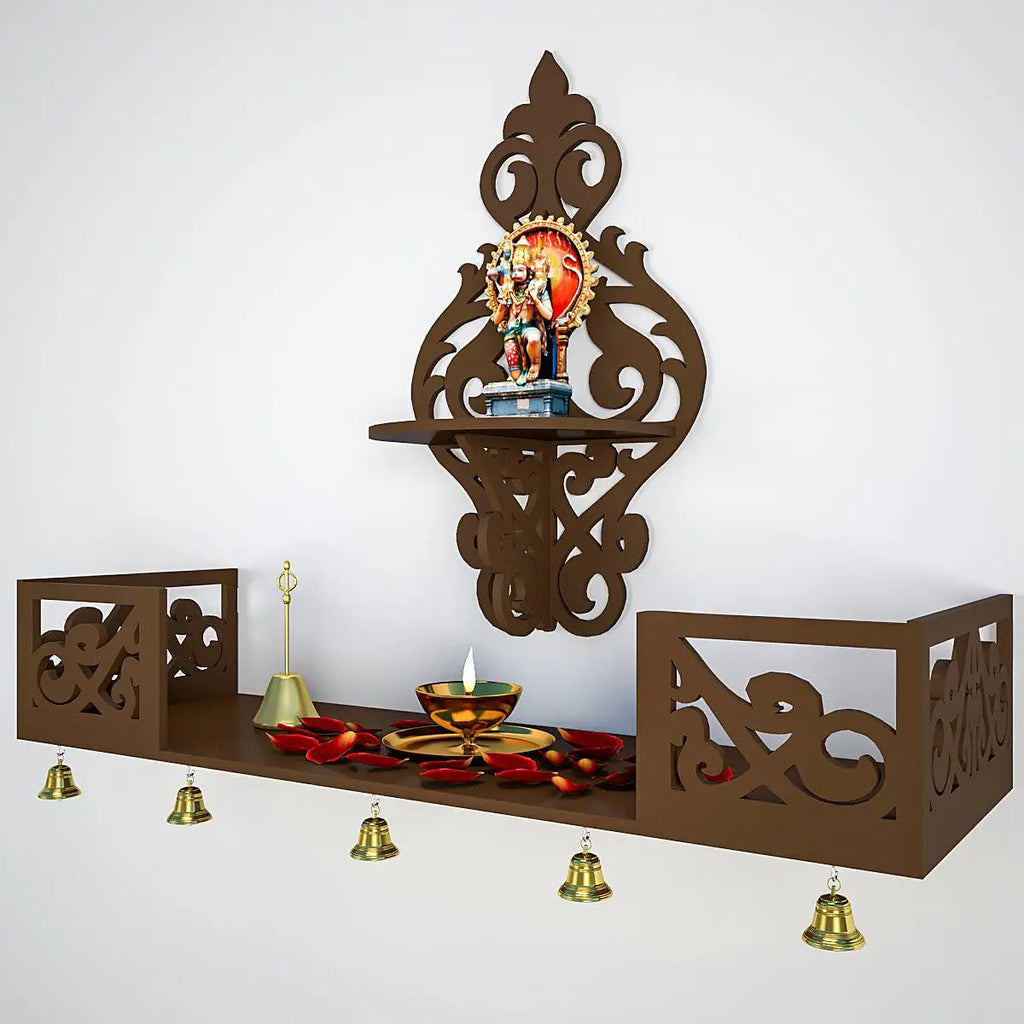 Beautiful Wall Hanging Wooden Temple/ Pooja Mandir Design with Shelf,  Brown Color