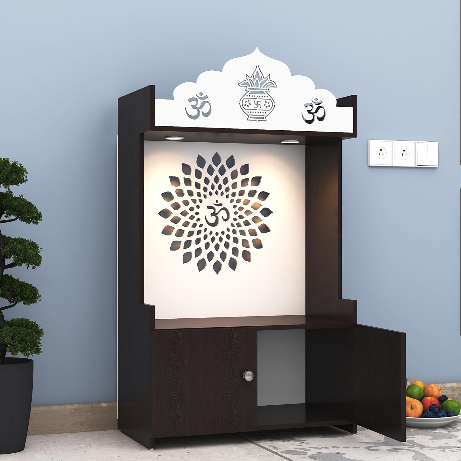 Divine LED Light Puja Shelf OM Temple Stand Home Mandir Puja Mandir for Home, Office - Brown