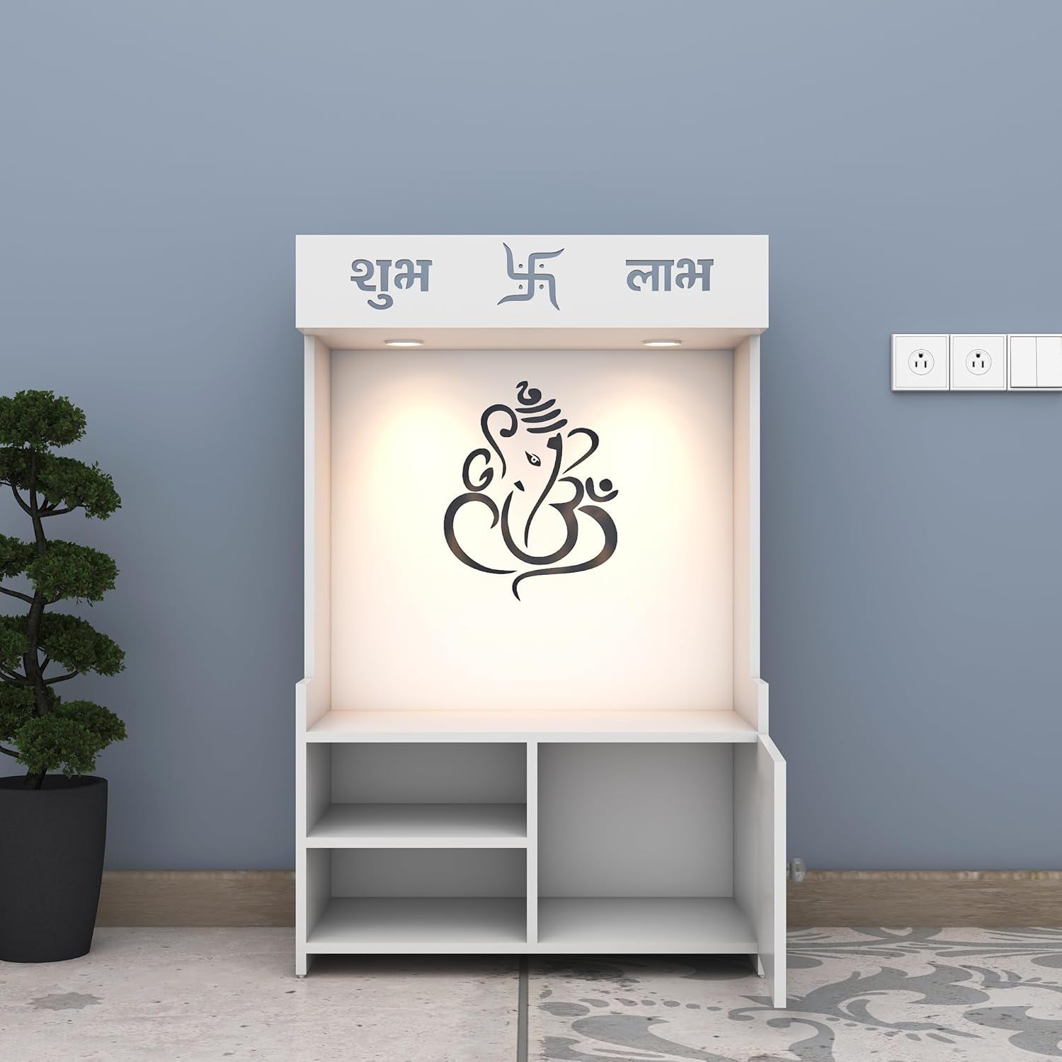 Divine LED Light Puja Shelf Ganesha Temple Stand Home Mandir Puja Mandir for Home, Office - White