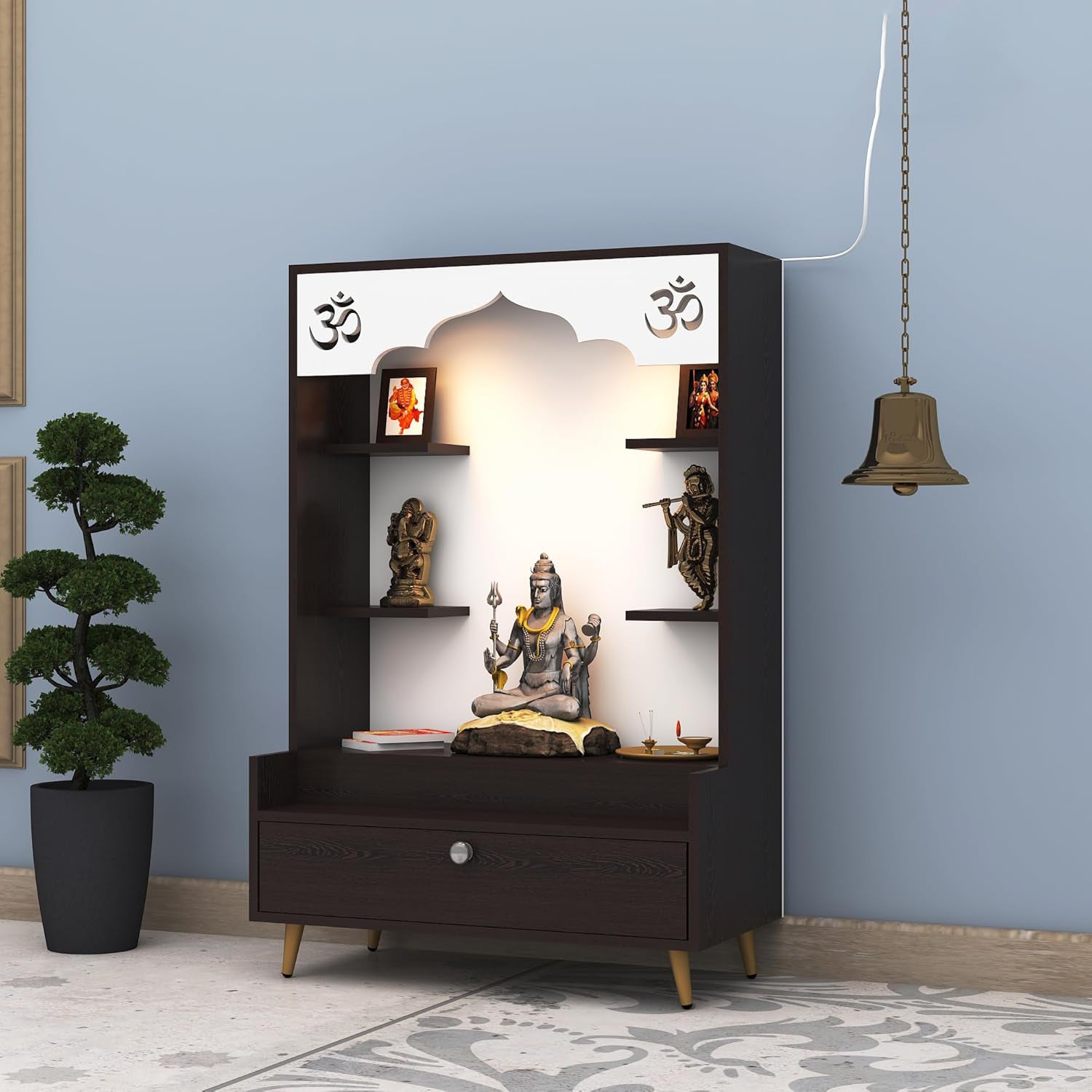 Engineered Wood Divine Home / Puja Temple Design with LED Lights, Home Mandir, OM, Puja Shelf for Home/Office - Brown