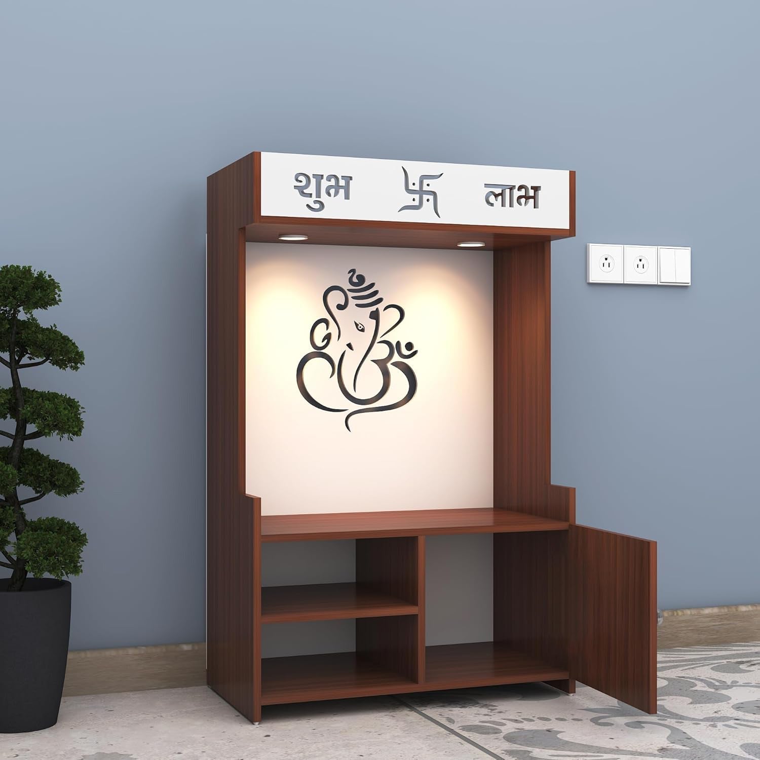 Divine LED Light Puja Shelf Ganesha Temple Stand Home Mandir Puja Mandir for Home, Office - Brown