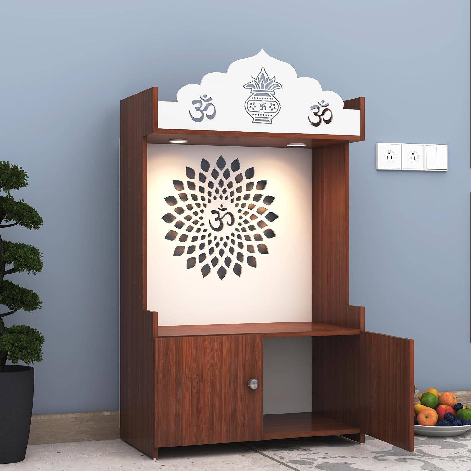 Divine LED Light Puja Shelf OM Temple Stand Home Mandir Puja Mandir for Home, Office - Walnut