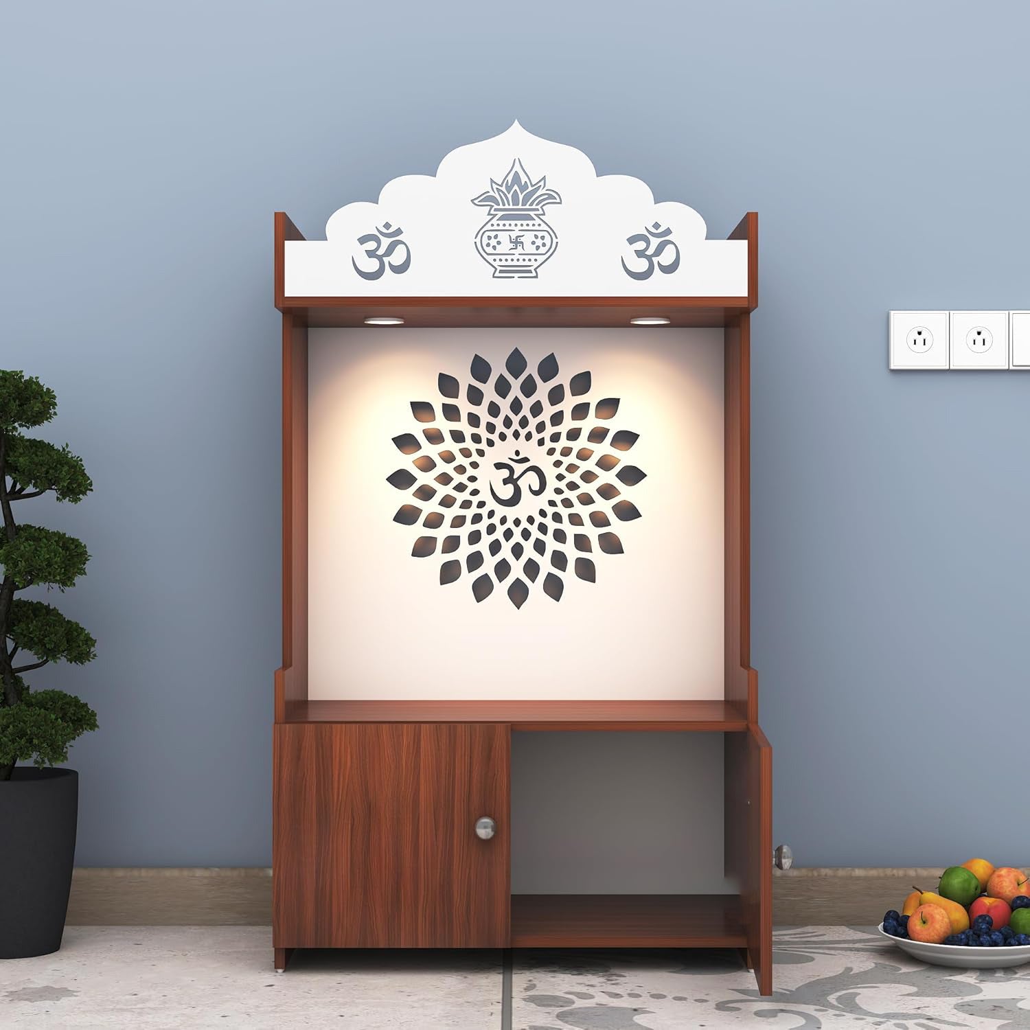 Divine LED Light Puja Shelf OM Temple Stand Home Mandir Puja Mandir for Home, Office - Walnut