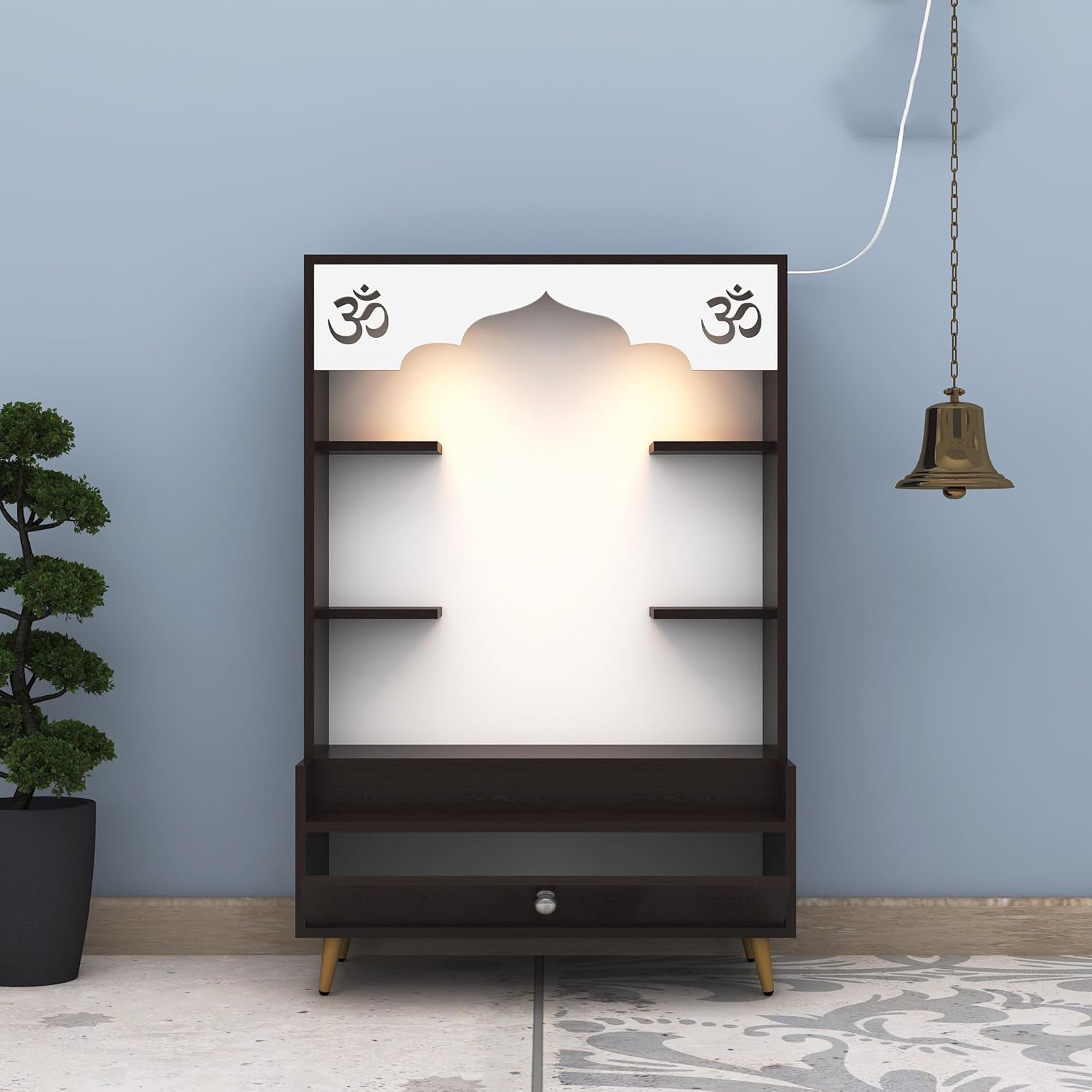 Engineered Wood Divine Home / Puja Temple Design with LED Lights, Home Mandir, OM, Puja Shelf for Home/Office - Brown