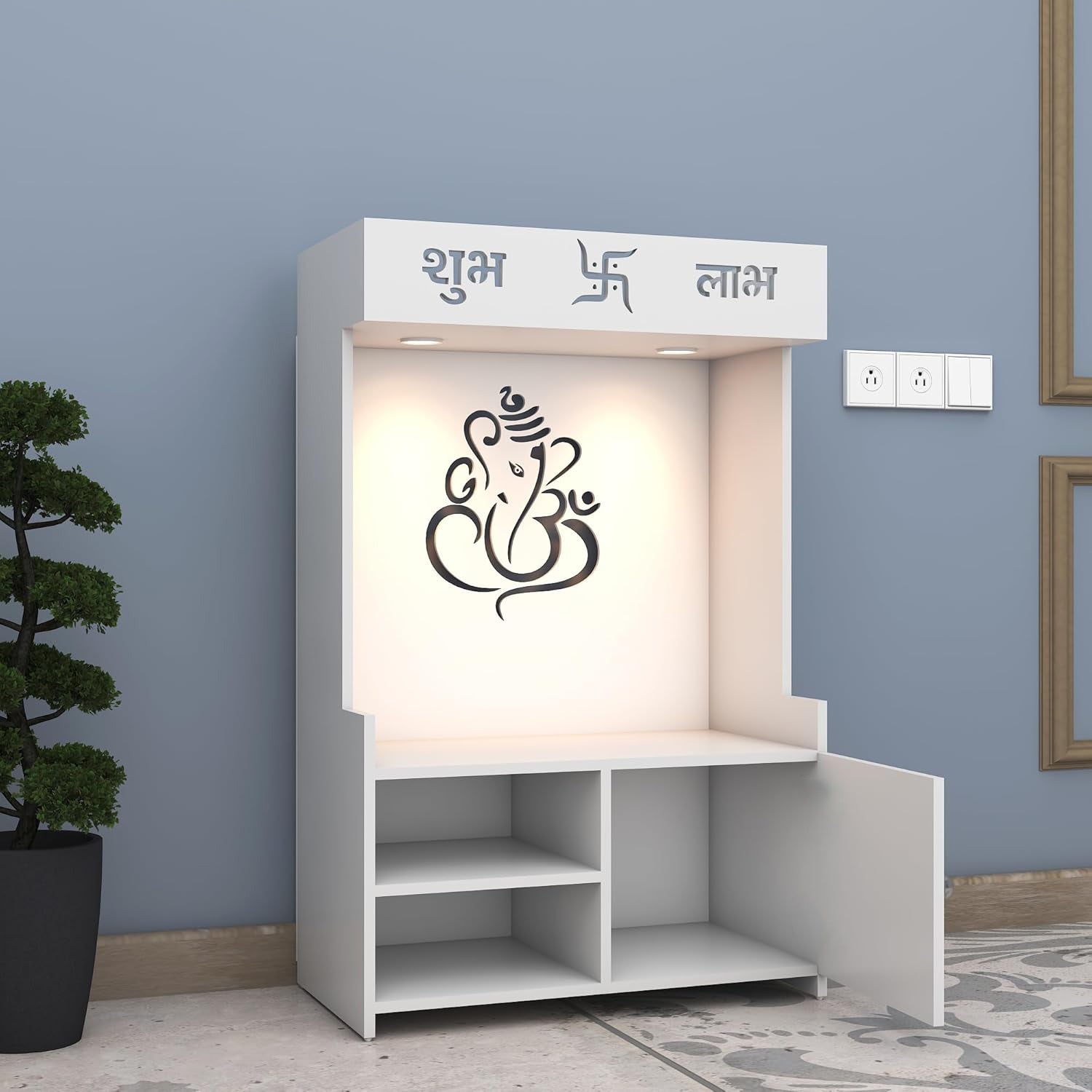 Divine LED Light Puja Shelf Ganesha Temple Stand Home Mandir Puja Mandir for Home, Office - White