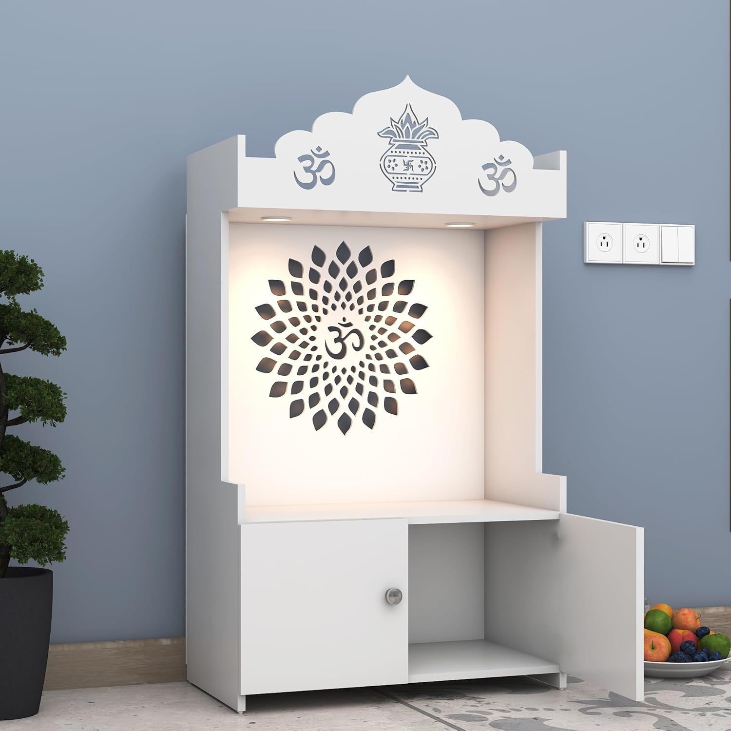 Divine LED Light Puja Shelf OM Temple Stand Home Mandir Puja Mandir for Home, Office - White