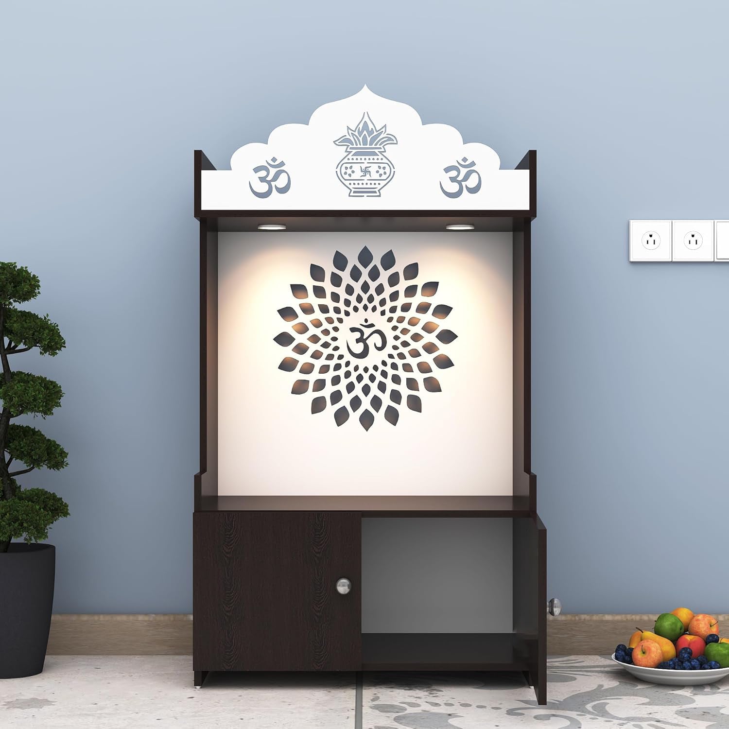 Divine LED Light Puja Shelf OM Temple Stand Home Mandir Puja Mandir for Home, Office - Brown
