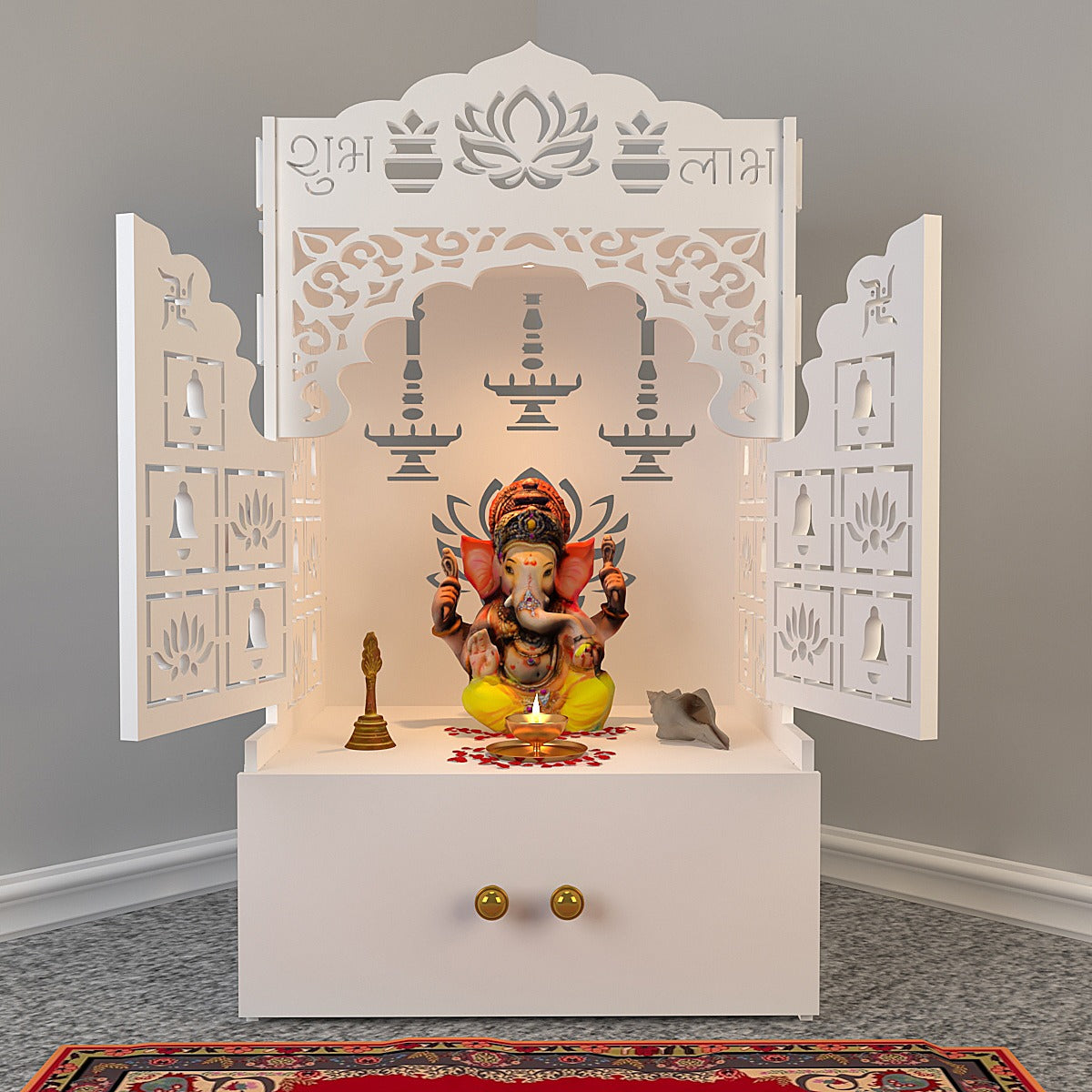 Lotus Door Finish Wooden Wall Temple for Home With Inbuilt focus Lights & Spacious Shelf