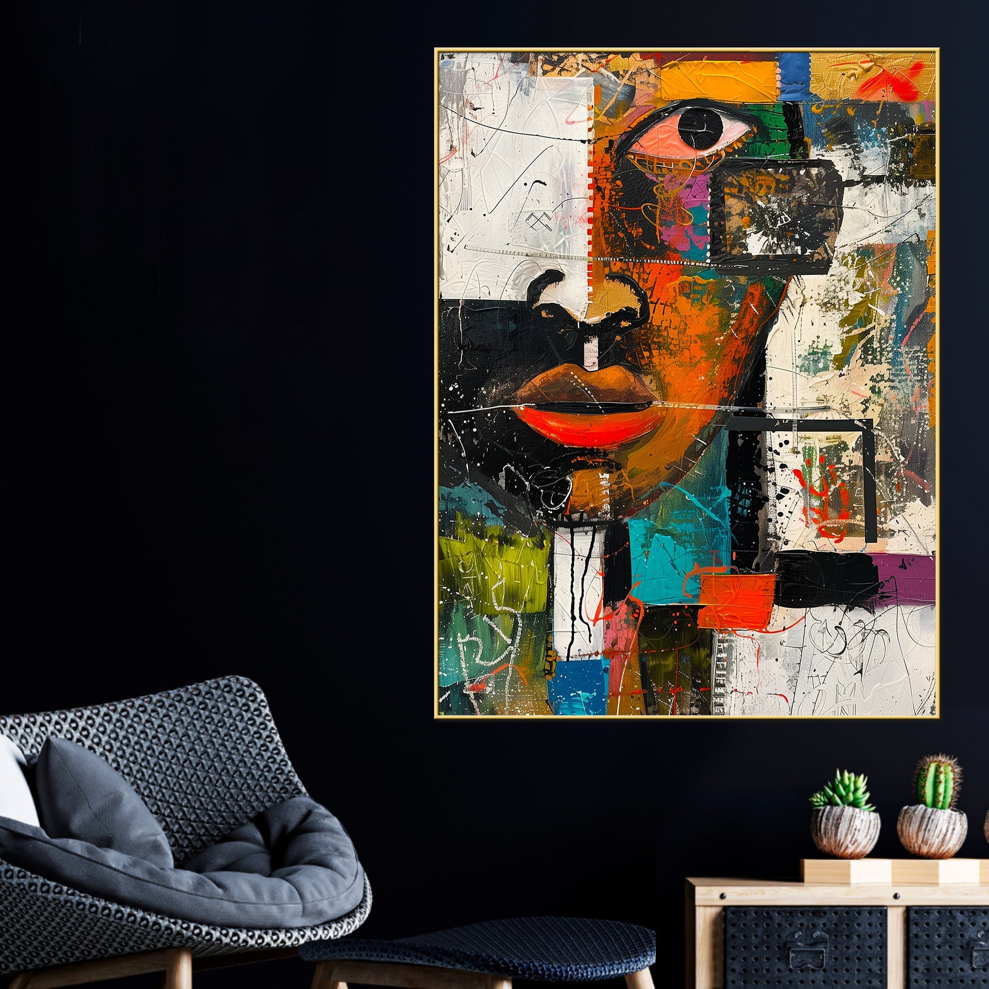 Afro Abstract Geometric Face Cotton Canvas Wall Painting
