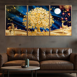 Big Golden Tree Framed Crystal Glass Painting Set Of 3