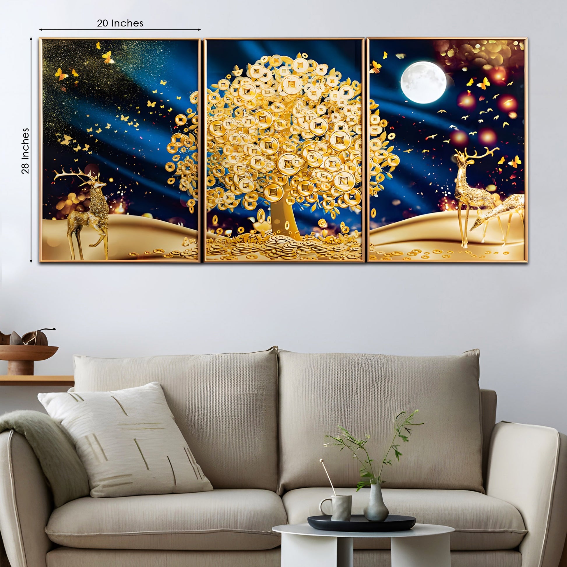 Big Golden Tree Framed Crystal Glass Painting Set Of 3