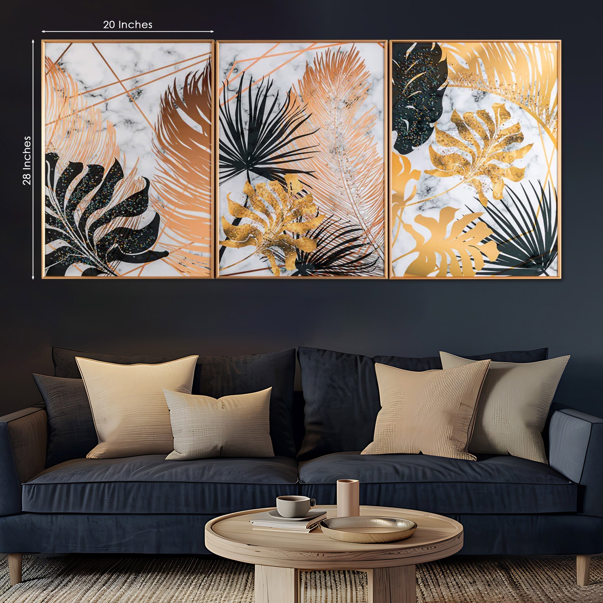 Botanical Leaves Framed Crystal Glass Painting Set Of 3
