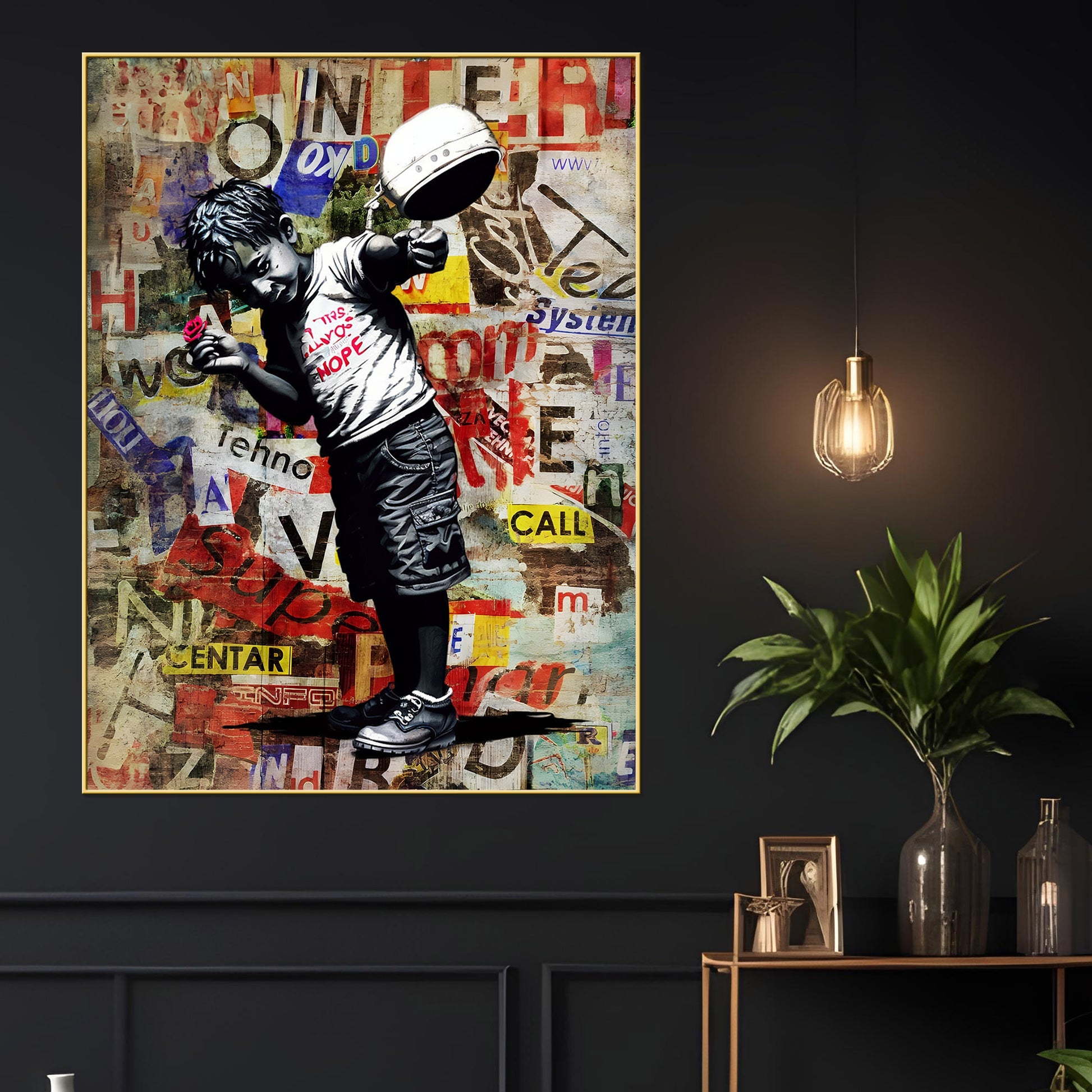 Boy Holding A Vibrant Red Rose Graffiti Cotton Canvas Wall Painting