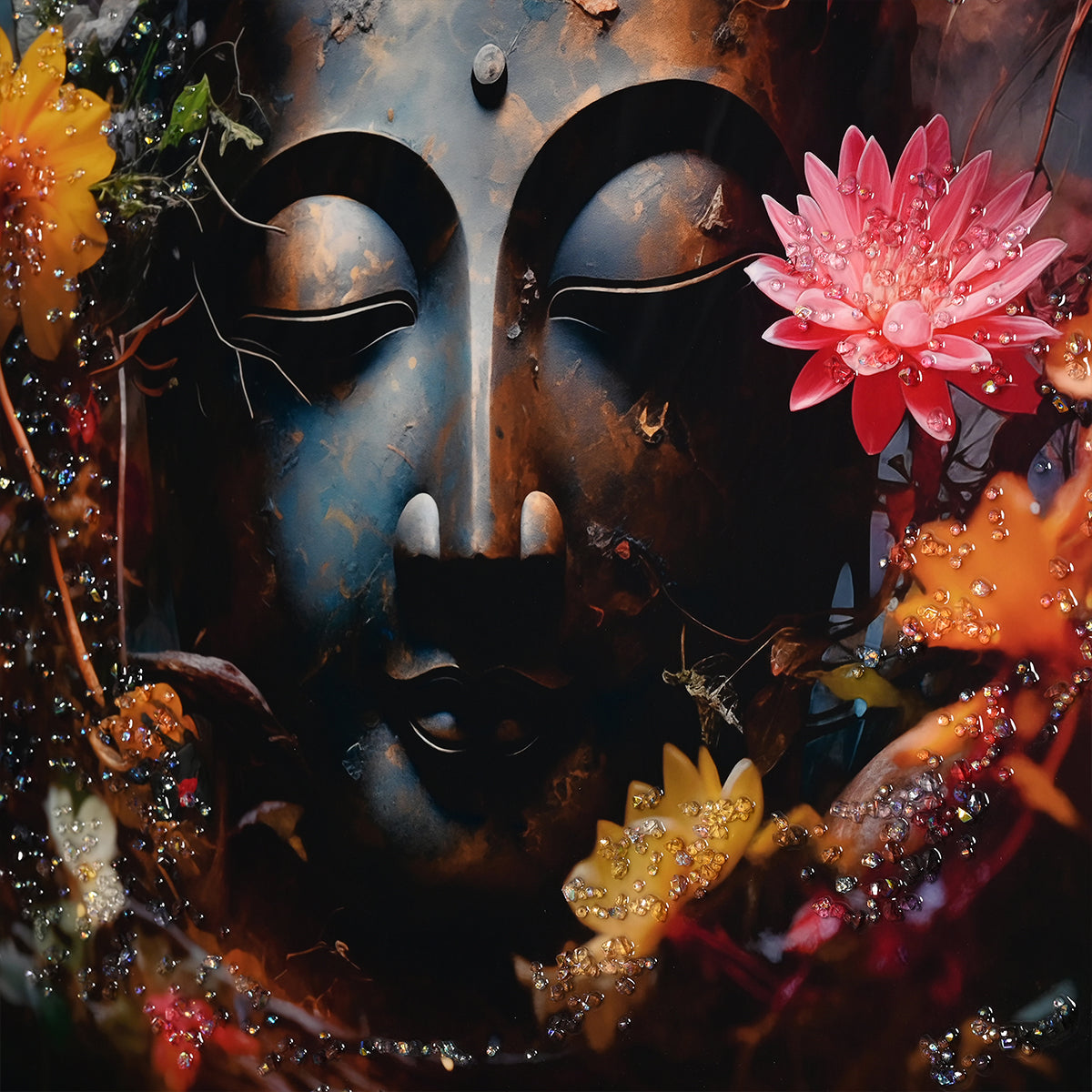 Buddha In Blooms Framed Crystal Glass Painting