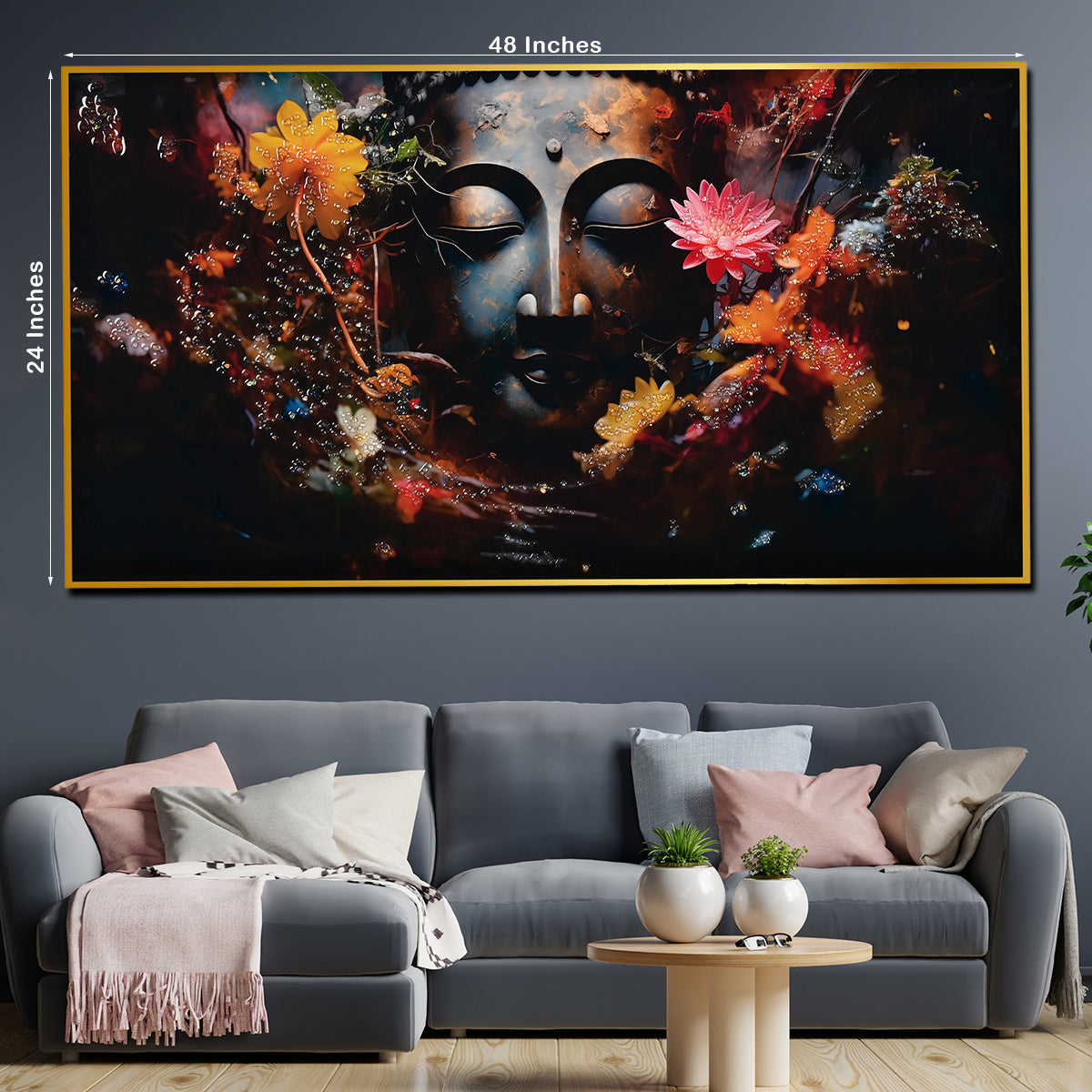 Buddha In Blooms Framed Crystal Glass Painting