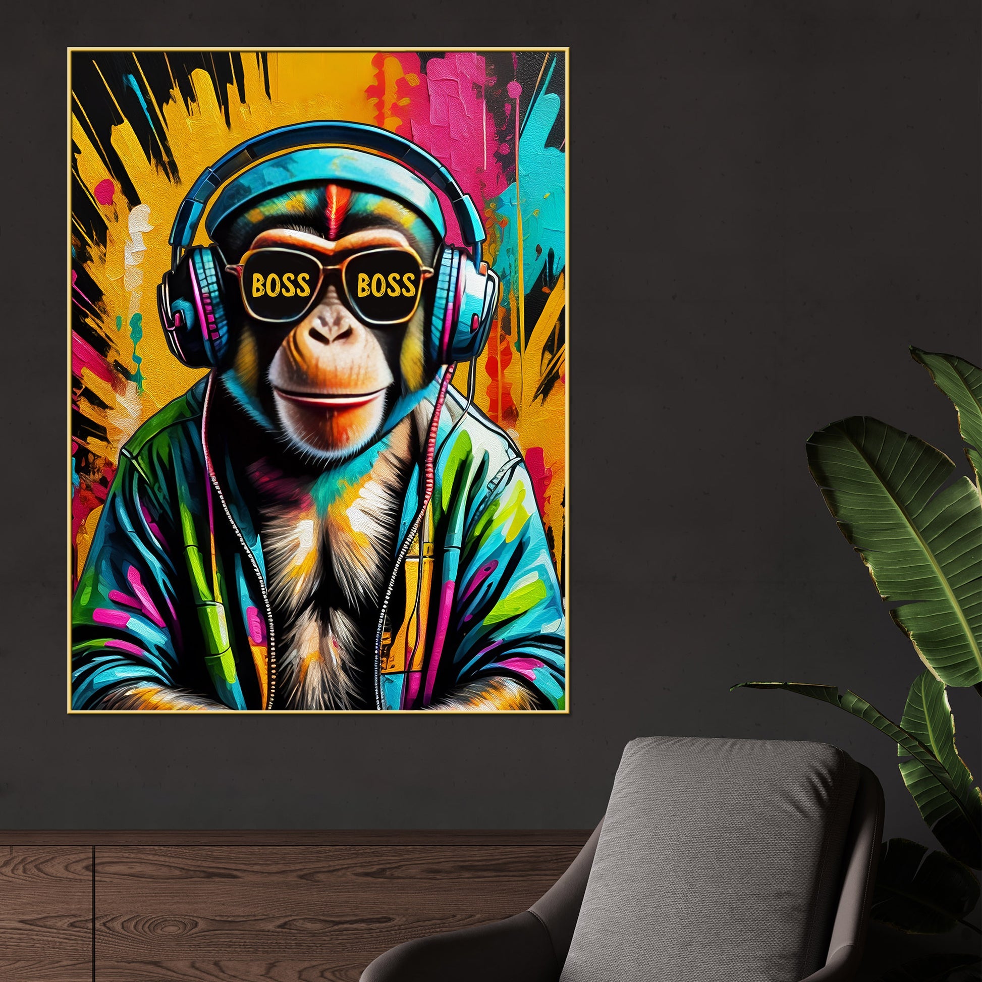 Color Abstract Chimp The Boss Cotton Canvas Wall Painting