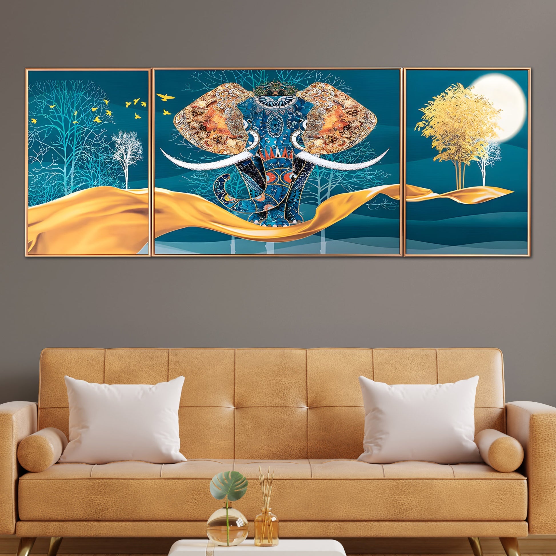 Decorative Udaipur Elephant Crystal Glass Painting Set Of 3