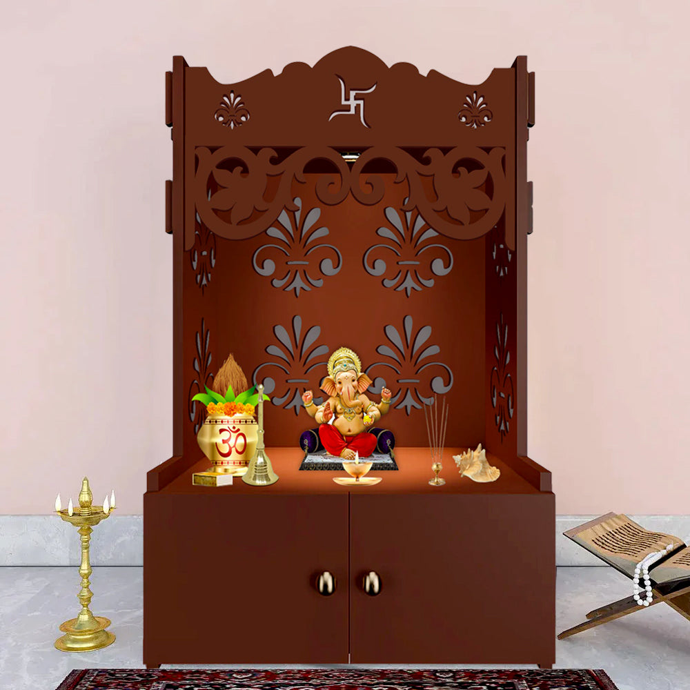 Floral Designer Pattern Floor Temple with Spacious Wooden Shelf & Inbuilt Focus Light- Brown Finish