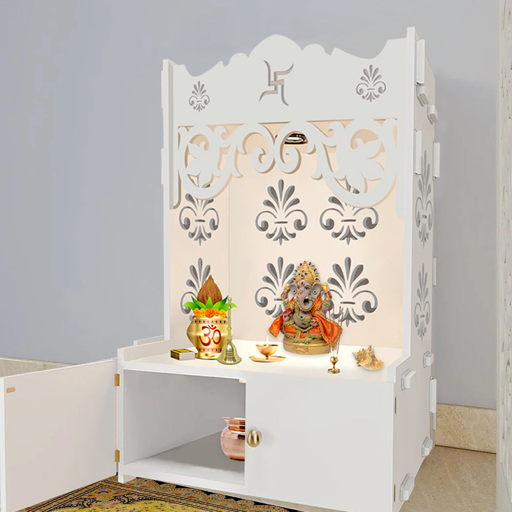 Floral Designer Pattern Floor Temple with Spacious Wooden Shelf & Inbuilt Focus Light- White Finish