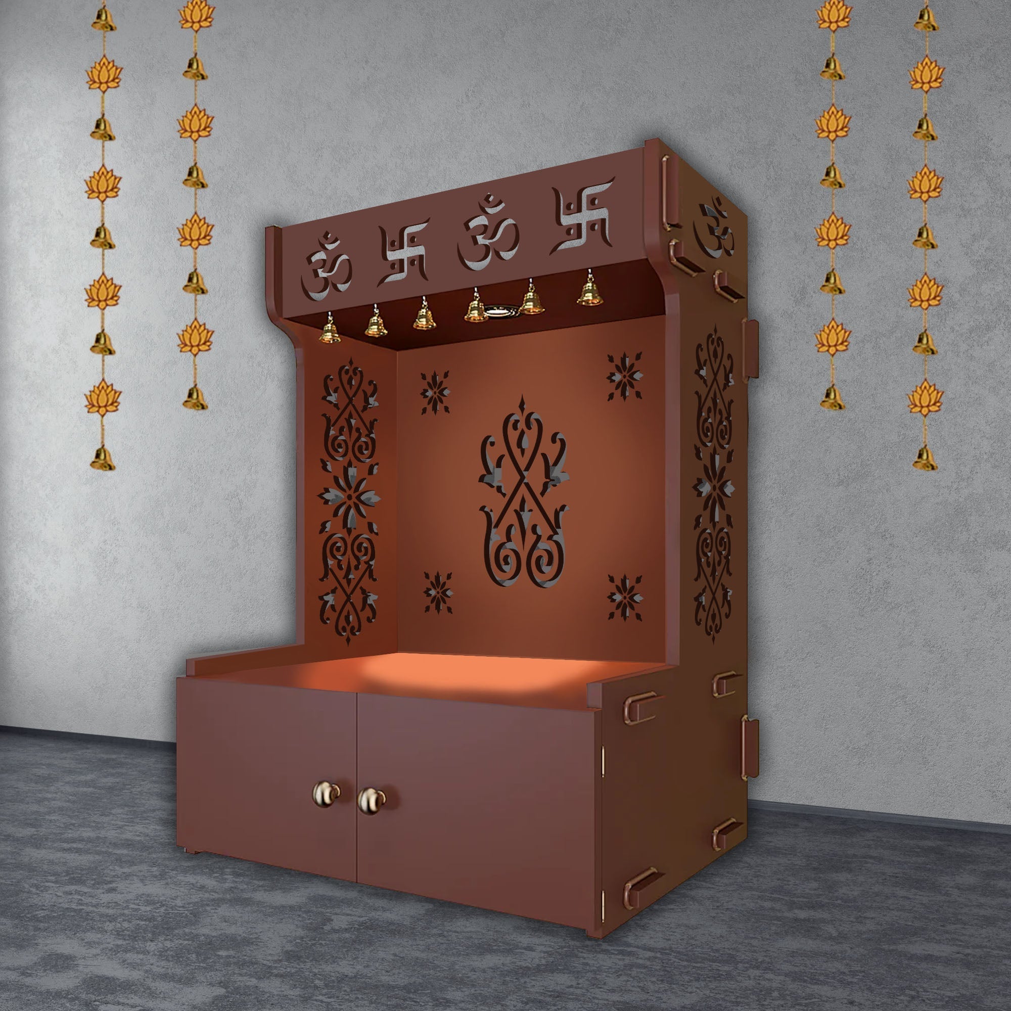 OM Swastika Symbol of Hindu Religious Floor Temple with Spacious Wooden Shelf & Inbuilt Focus Light- Brown Finish