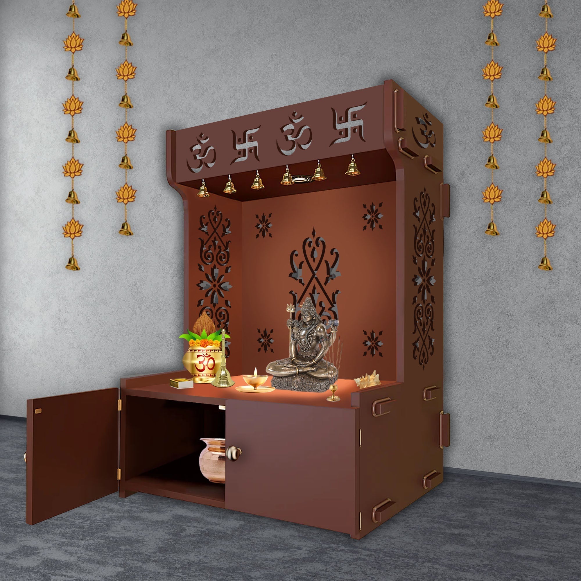 OM Swastika Symbol of Hindu Religious Floor Temple with Spacious Wooden Shelf & Inbuilt Focus Light- Brown Finish