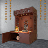 OM Swastika Symbol of Hindu Religious Floor Temple with Spacious Wooden Shelf & Inbuilt Focus Light- Brown Finish